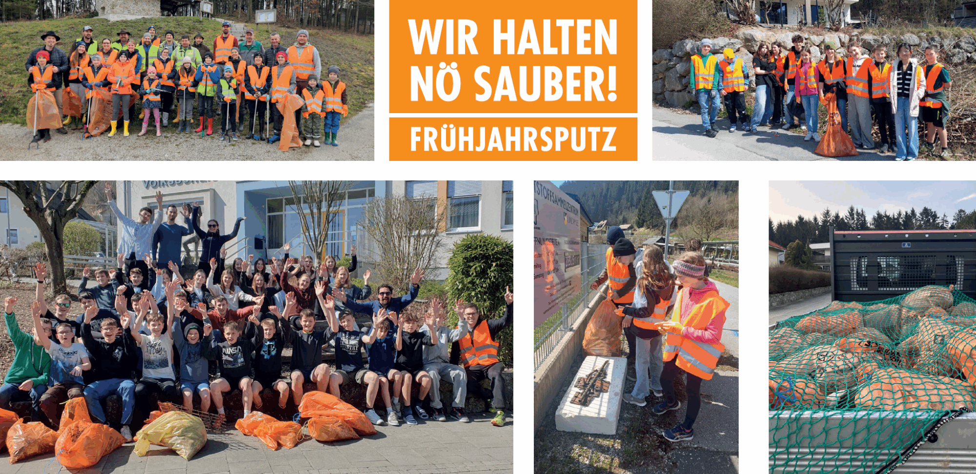 Fotocollage mit Gruppenbildern der Frühjahrsputzaktionen St. Georgen an der Leys, Lunz am See und Randegg. Auf den Fotos sind Erwachsene und Kinder mit orangen Warnwesten, Müllsäcken und Müllgreifern abgebildet.