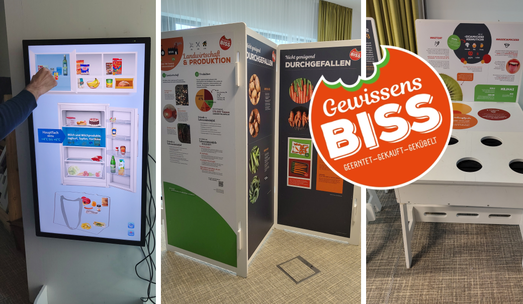 Fotos der Wanderausstellung mit Touchsceen-K&uuml;hlschrank, Austellungsaufstellern und Tasttisch f&uuml;r Lebensmittel
