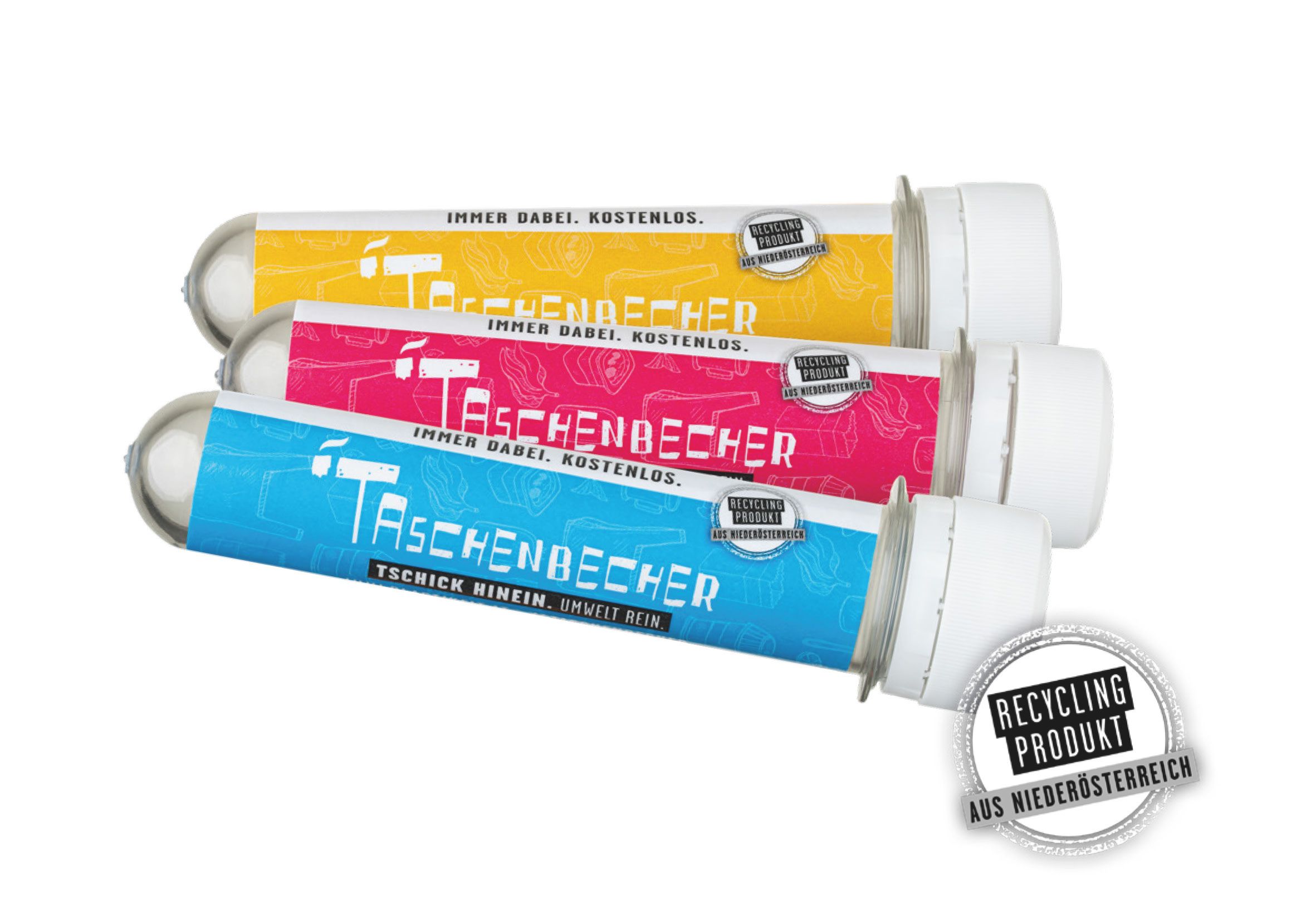 Der Taschenbecher: Eine kompakte Plastikr&ouml;hre mit Schraubverschluss in verschiedenen Designs.