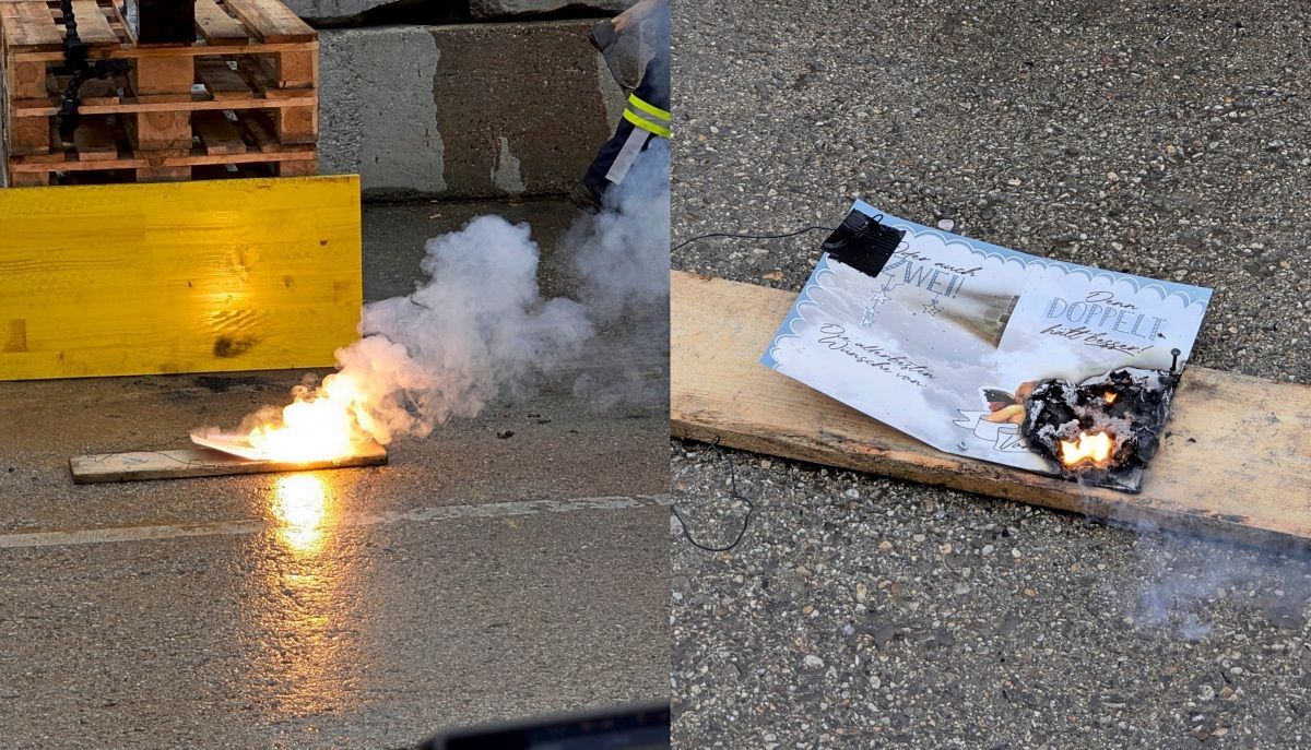 Gru&szlig;karte mit Musikfunktion, die beim Experiment in Brand ger&auml;t