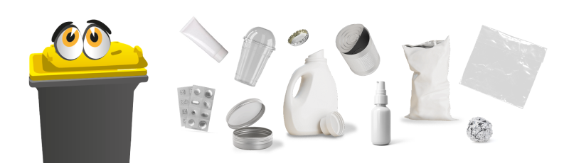 Mülltonne mit gelbem Deckel und Augen mit verschiedenen Verpackungsabfällen: Tube, Blisterpackung, Metalldose, Waschmittelverpackung, Weißblechdose, Zerstäuberflasche, Folie, Alufolie, Kronkorken