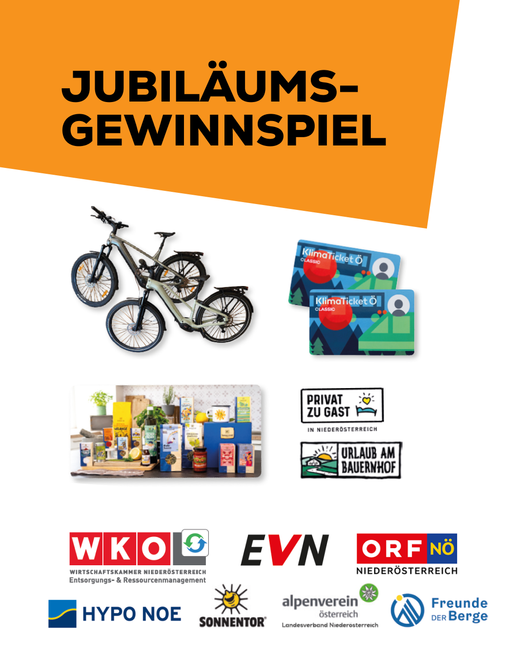 &Uuml;berschrift "Jubil&auml;umsgewinnspiel", abgebildet sind die Preise wie E-Bikes, Klimatickets, Produkte von Sonnentor, Urlaub am Bauernhof und die Logos der Sponsoren