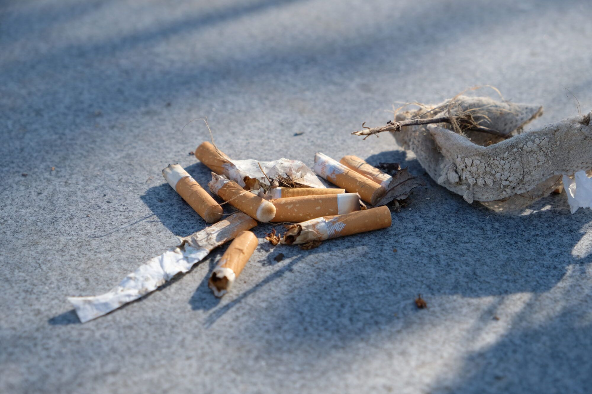 Mehrere weggeworfene Zigarettenstummel und Verpackungsreste liegen auf einem grauen Gehweg und verdeutlichen achtlos entsorgten M&uuml;ll im &ouml;ffentlichen Raum.