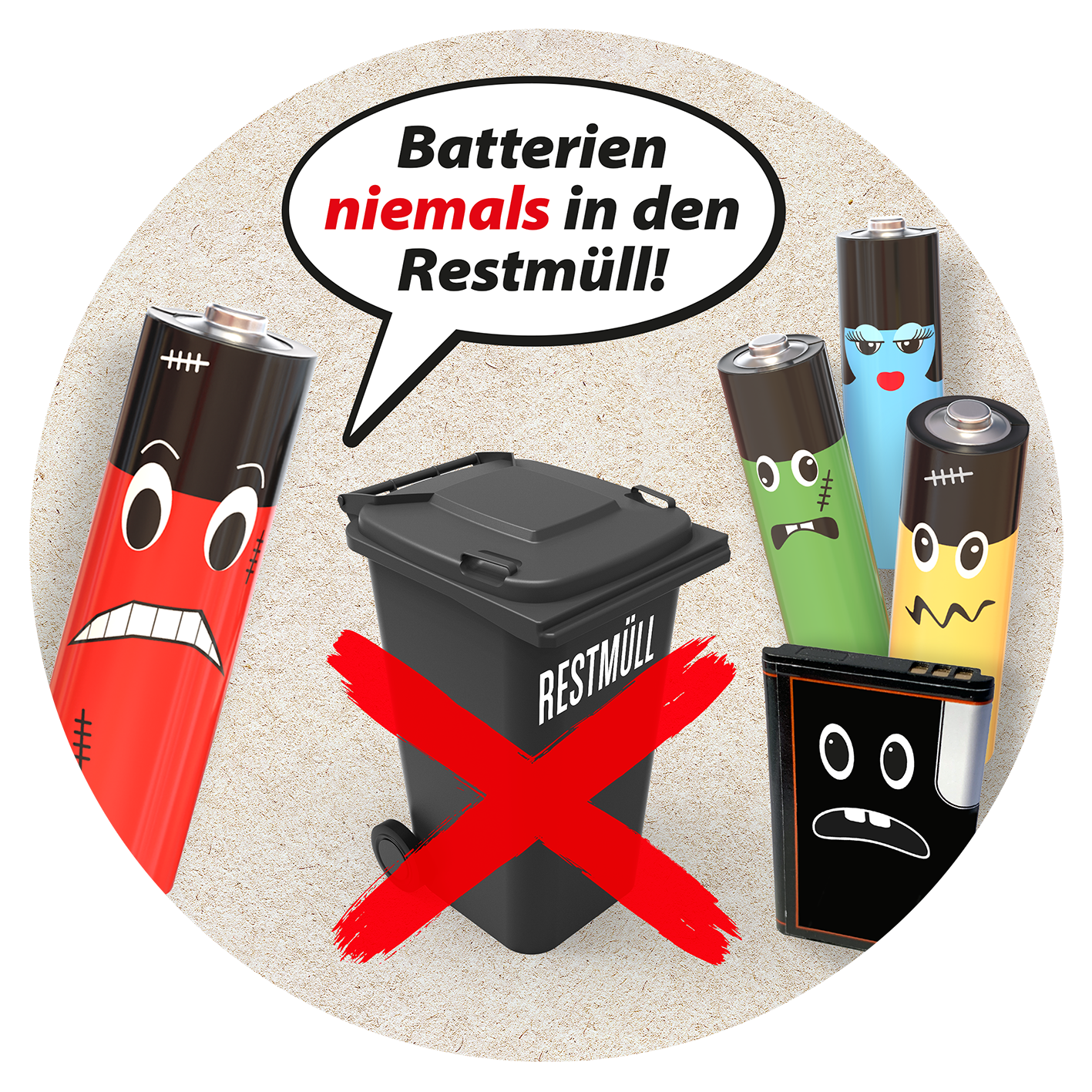 Text: "Batterien niemals in den Restm&uuml;ll!" Abbildung von Batterien und Akkus im Comic-Stil