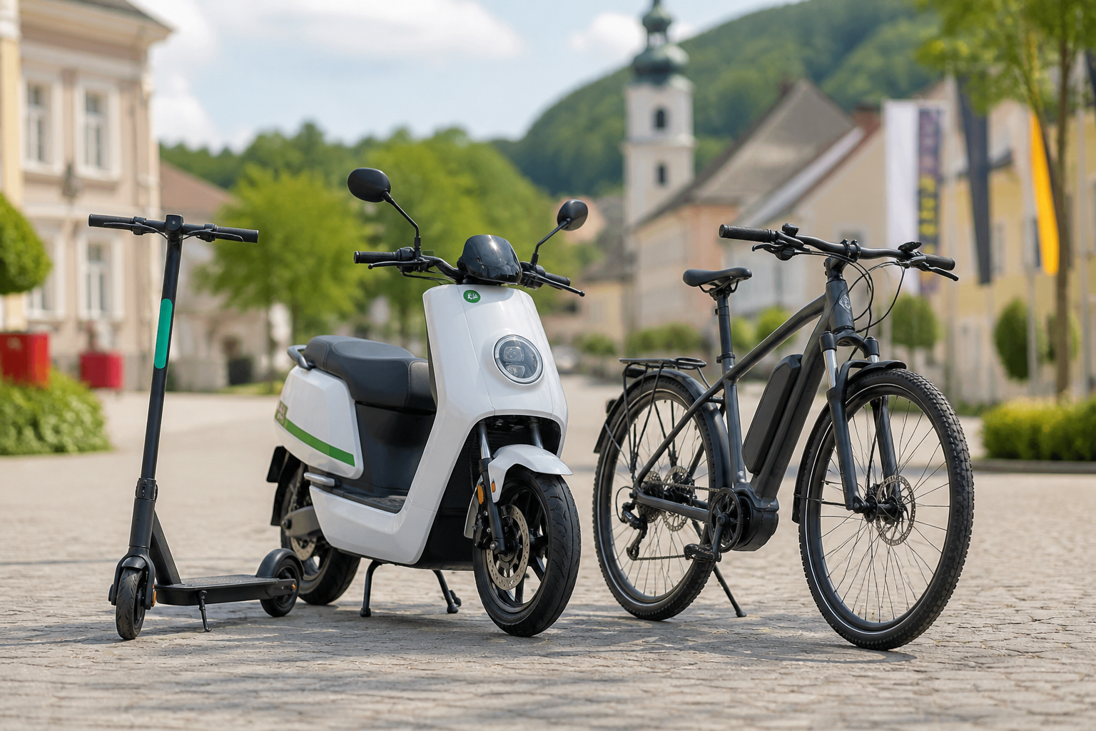 Fahrzeuge, die LV-Batterien enthalten: E-Scooter, E-Moped, E-Bike in einer st&auml;dtischen Umgebung