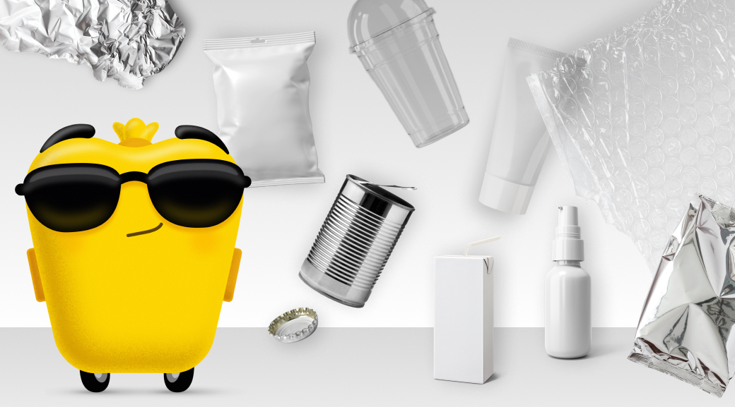 Im Bild ist eine Gelbe Tonne Comic-artig dargestellt (mit Sonnenbrille und Lächeln). Im Hintergrund sind Verpackungen durcheinander.