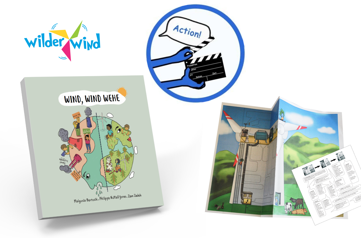 Logo WilderWind, Bastelbogen und Zeichnung mit Filmklappe und "Action" in einer Sprechblase