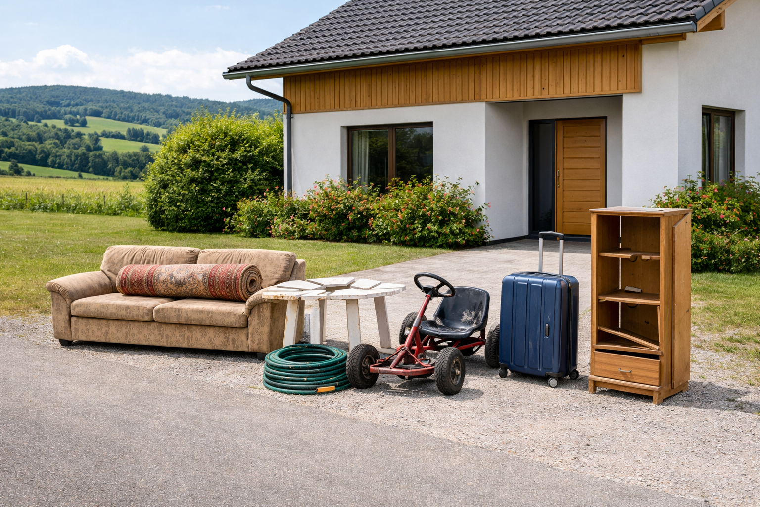 Ein Haus im Hintergrund. Abzuholende Abf&auml;lle vorne: Sofa, Teppich, Gartenschlauch, kaputter Gartentisch, Gokart, Hartschalenkoffer und kaputtes Holzregal.