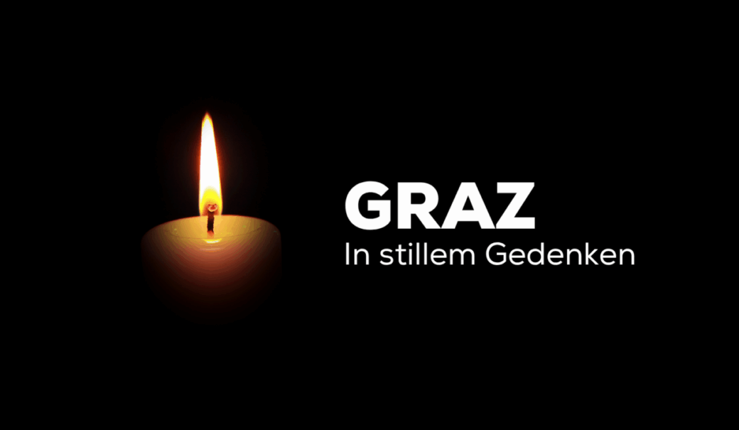 Text "GRAZ - in stillem Gedenken" auf schwarzem Hintergrund mit einer Kerzenflamme