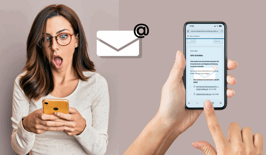 Frau schaut erschocken auf ihr Handy, das sie mit beiden Händen festhält. Daneben sieht man das Display des Handys mit einer Nachricht vom GVU Scheibbs in Mein Postkorb.