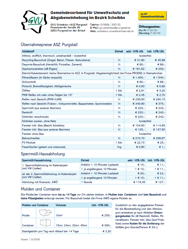 Miniaturansicht der Preisliste