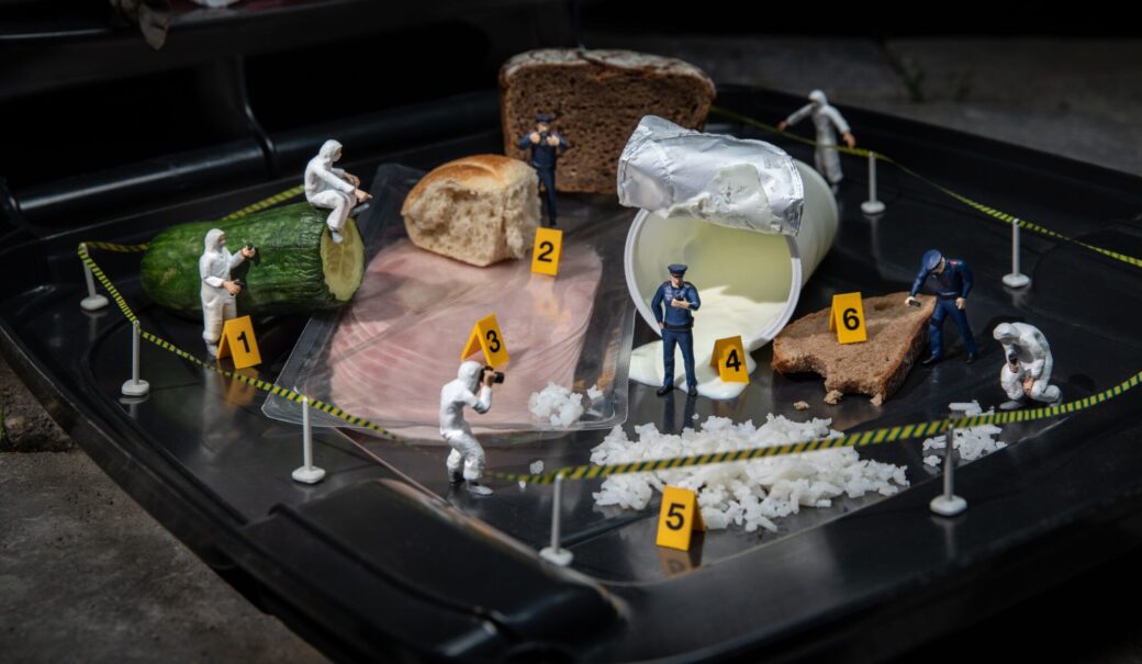 Nachgestellte Tatort-Szene, bei der Lebensmittel (Gurke, ausgeronnenes Joghurt, Schinken, Brot, Reis) von kleinen Ermittler:innen-Figuren untersucht werden.