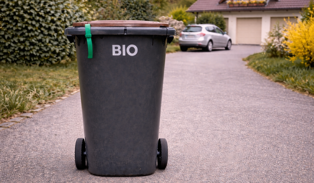 Eine schwarze Mülltonne mit braunem Deckel, der Aufschrift "BIO" und grüner Markierung für die Biotonnen-Reinigung steht in einer Hauseinfahrt.