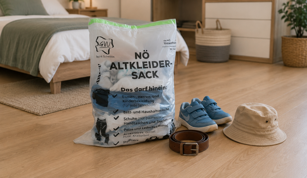 Ein mit Textilien befüllter Altkleidersack steht in einem Schlafzimmer; daneben ein Paar Schuhe, ein Ledergürtel und ein Stoffhut