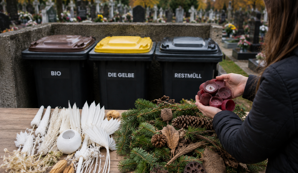 Frau mit Kerzenresten in der Hand steht am Friedhof vor einer M&uuml;lltrennstation. Sie hat ein Blumengesteck zerlegt und entsorgt jetzt die einzelnen Abf&auml;lle.